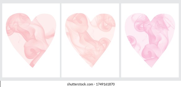 Set of 3 Abstract Geometric Vector Valentine's Day Catd. Pink Hearts with Delicate Pink Smoke inside. Pastel Pink Hearts Isolated on a White Background. Simple Creative Love Symbol Design. No Text.