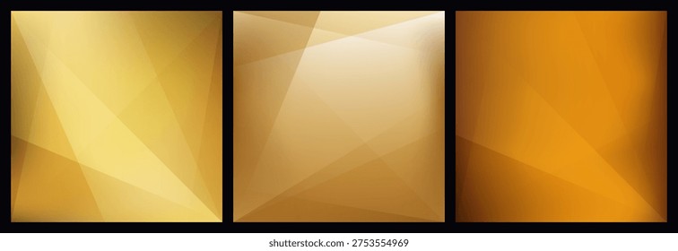 Set of 3 abstract golden gradient backgrounds in orange, yellow, brown colors. Minimal elegant square bg. Modern luxury soft gradient textures for social media posts, covers, premium digital design