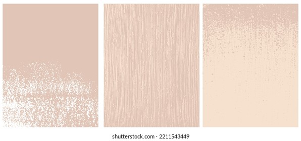 Set of 3 Abstract Grunge Vector Layouts. Irregular Splatters and Spots on a Blush and Terracotta Background. Different Shades of Blush Pink. Soft Abstract Painting Style Art. Blanks Set without Text.