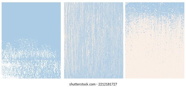 Set of 3 Abstract Grunge Vector Layouts. Irregular Splatters and Spots on a Pastel Blue and Beige Background. Soft Abstract Painting Style Art. Blanks Set without Text.