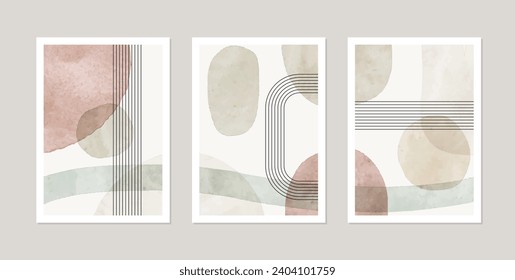 Set von 3 Abstrakten handgemalten Illustrationen für die Wall-Kunst, Abstrakte geometrische Ausdrucke für boho ästhetische Inneneinrichtung. Die Tapeten sind hausgemacht mit schwarzen Linien, grünen, rosafarbenen Farben. Vektorgrafik