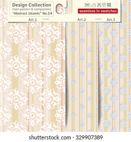 Set of 3 abstract Islamic vector seamless patterns: main pattern with chamomile and star and two companions Performed as textile sampler on hanger. Seamless patterns inside EPS file in swatches panel
