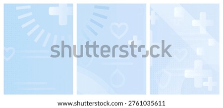 Set of 3 abstract light blue gradient medical science backgrounds. Subtle healthcare crosses, hearts, lines. Modern minimal design for medicine presentations, hospital posters, clinics banners, covers