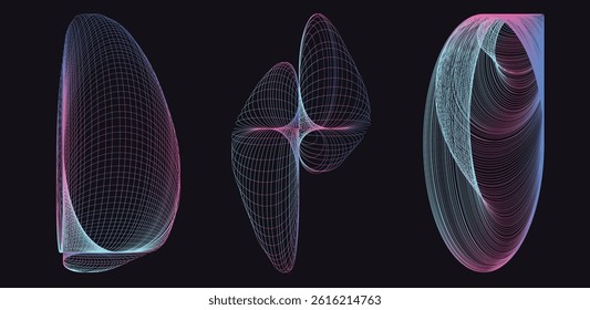 Set of 3 abstract line geometric shapes. Dynamical forms with lines, isolated on dark background. Graphic elements. Template for poster, logo, cover design. Vector illustration.