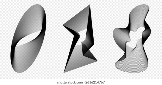 Set of 3 abstract line geometric shapes. Dynamical forms with lines, isolated on white background. Graphic elements. Template for poster, logo, cover design. Vector white black illustration.