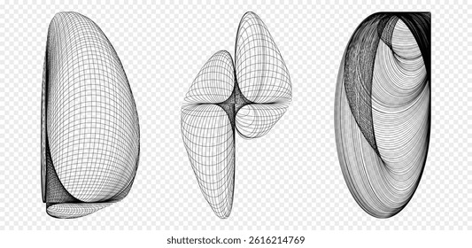 Set of 3 abstract line geometric shapes. Dynamical forms with lines, isolated on white background. Graphic elements. Template for poster, logo, cover design. Vector white black illustration.