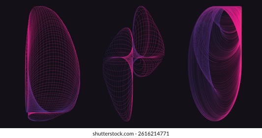 Set of 3 abstract line geometric shapes. Dynamical forms with lines, isolated on dark background. Graphic elements. Template for poster, logo, cover design. Vector illustration.