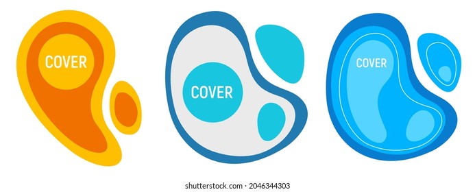 Set of 3 abstract liquid flat geometric shapes in different colors. Graphic elements. Template for poster, logo, cover design. Vector illustration.