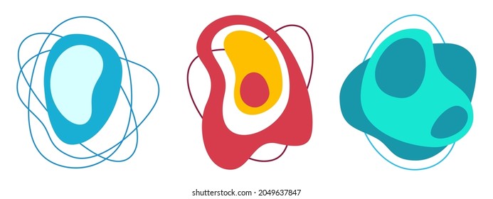 Set of 3 abstract liquid flat geometric shapes in blue, red, yellow, turquoise colors. Dynamical forms with lines, isolated on white background. Graphic elements. Template for poster, logo, cover desi