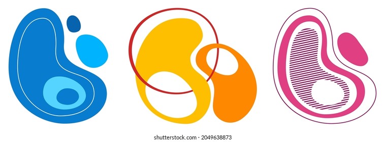 Set of 3 abstract liquid flat geometric shapes in blue, orange, yellow, pink colors. Dynamical forms with lines, stripes, isolated on white background. Graphic elements. Template for poster, logo, cov