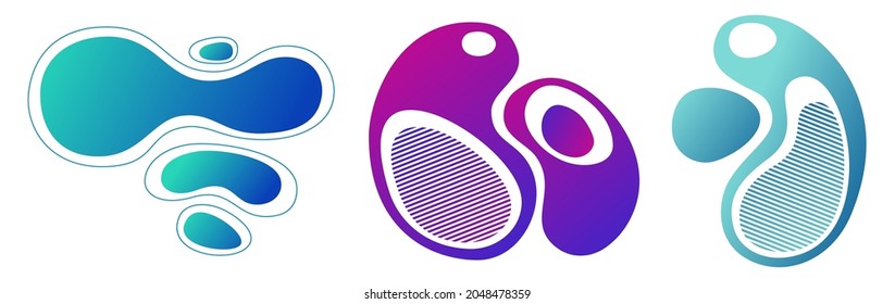 Set of 3 abstract liquid shapes elements. Dynamic gradient graphic elements. Banners with flowing liquid shapes, amoeba, dynamical forms. Template for poster, logo, cover design. Turquoiseб purple col