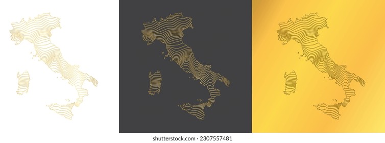 set of 3 abstract maps of Italy - vector illustration of striped gold colored map