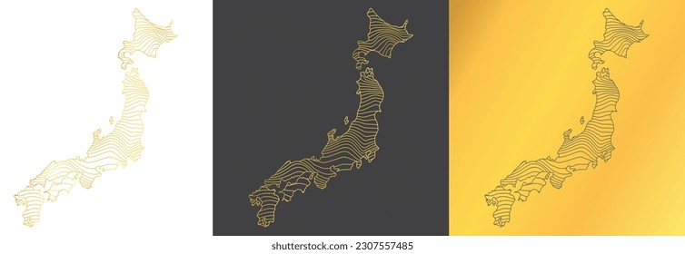 conjunto de 3 mapas abstractos de Japón - ilustración vectorial de un mapa a rayas de color oro