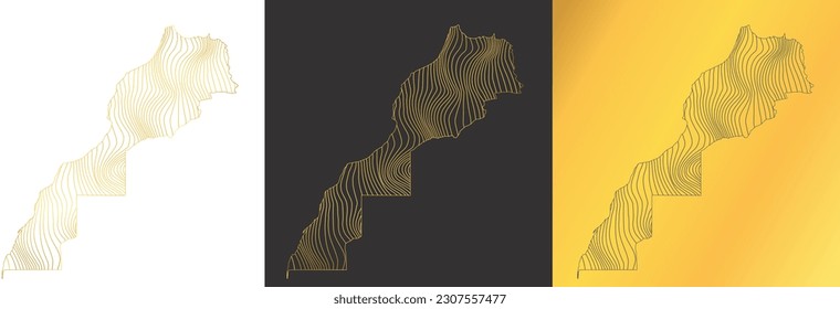 set of 3 abstract maps of Morocco - vector illustration of striped gold colored map