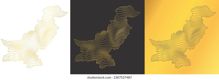 set of 3 abstract maps of Pakistan - vector illustration of striped gold colored map
