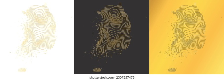 set of 3 abstract maps of South Korea - vector illustration of striped gold colored map