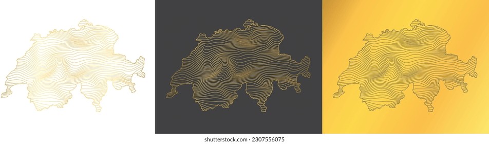 set of 3 abstract maps of Switzerland - vector illustration of striped gold colored map