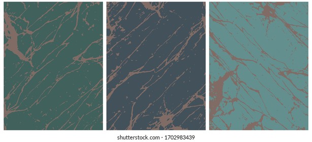 Set of 3 Abstract Marble Vector Layouts. Freehand Irregular Lines on a Dark Green Background. 3 Different Shades of Green Color. Soft Marble Stone Style Art. Marble Print Blank.