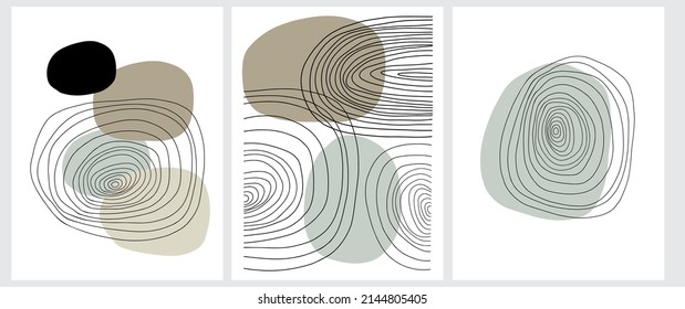 Conjunto de 3 impresiones abstractas de vectores minimalistas. Lugares de pincel irregular verde y marrón y círculos negros sobre un fondo blanco. Estilo Infantil Sencillo Diseño Moderno, ideal para el Arte Pared, Afiche, Tarjeta.