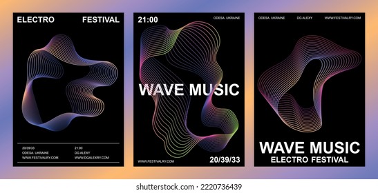 Set 3 abstract music posters, line pattern vector style, modern black background design, trendy gradient, sound amplitude, dynamic smooth shape. Minimalist print template, banner cover flyer, festival