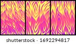 Set of 3 abstract neon striped vector backgrounds. Polar lights inspired prints. Beautiful detailed textures for posters, covers, etc. Holographic shiny gradients.	
