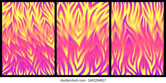 Set of 3 abstract neon striped vector backgrounds. Polar lights inspired prints. Beautiful detailed textures for posters, covers, etc. Holographic shiny gradients.	