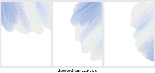 Set of 3 Abstract Painted Layouts. Light Violet and Blue Paint Stains on a White Background. No Text.  Irregular Oil Painting Style Borders on a White Layout. Freehand Print.