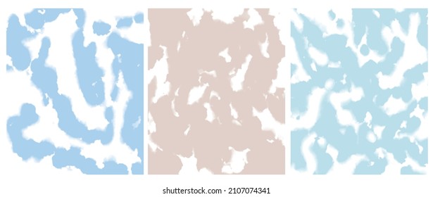 Set of 3 Abstract Painting Style Vector Layouts. Light Blue and Beige Paint Stains and Scribbles on a White Background. Pastel Color Irregular Bush Smudges Print.