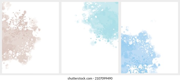 Set of 3 Abstract Painting Style Vector Layouts. Light Blue and Light Brown Watercolor Style Stains and Scribbles on a White Background. Pastel Color Irregular Splashes Print.