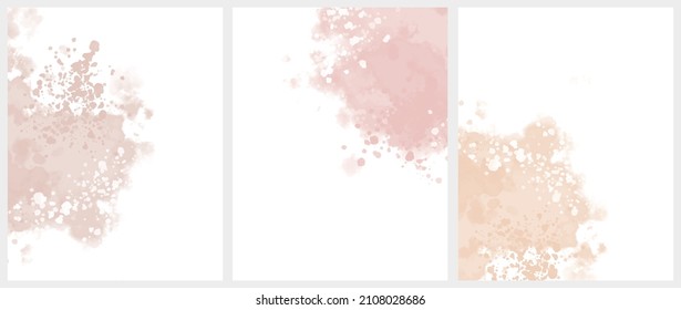 Set of 3 Abstract Painting Style Vector Layouts. Light Coral,Pink and Light Pale Red Watercolor Style Stains and Scribbles on a White Background. Pastel Color Irregular Splashes Print.