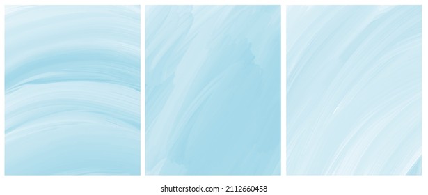 Set of 3 Abstract Painting Style Vector Layouts. Light Blue Paint Stains and Scribbles on a White Background. Pastel Color Irregular Bush Smudges Print. Abstract Water.