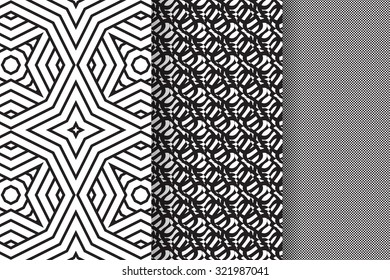 Set of 3 Abstract patterns. Black and white seamless vector backgrounds