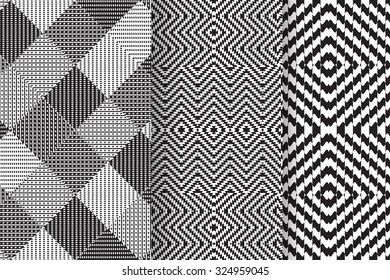 Set of 3 Abstract patterns. Black and white seamless vector backgrounds.