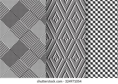 Set of 3 Abstract patterns. Black and white seamless vector backgrounds.