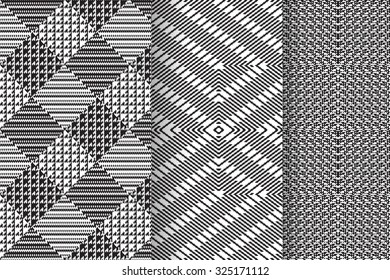 Set of 3 Abstract patterns. Black and white seamless vector backgrounds.