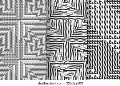 Set of 3 Abstract patterns. Black and white seamless vector backgrounds.