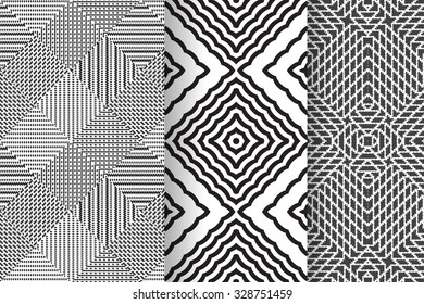 Set of 3 Abstract patterns. Black and white seamless vector backgrounds.