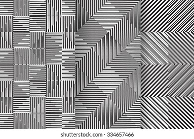 Set of 3 Abstract patterns. Black and white seamless vector backgrounds.