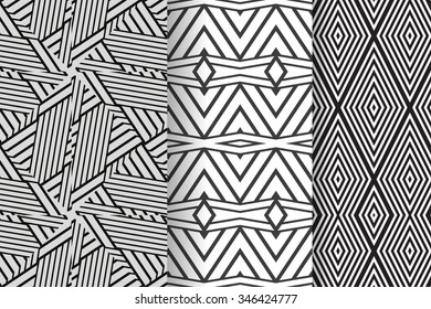 Set of 3 Abstract patterns. Black and white seamless vector backgrounds
