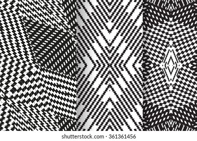 Set of 3 Abstract patterns. Black and white seamless vector backgrounds.