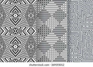 Set of 3 Abstract patterns. Black and white seamless  geometric  illustration, cloth vector backgrounds, goose foot