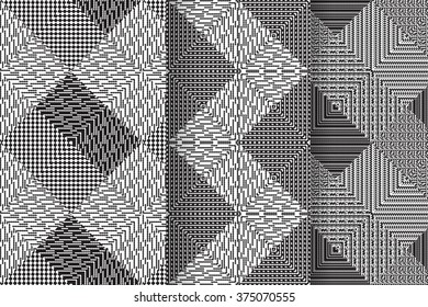 Set of 3 Abstract patterns. Black and white seamless  geometric  illustration, cloth vector backgrounds