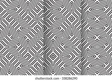 Set of 3 abstract seamless ornament patterns vector illustrations. Monochrome hand drawn streaks.