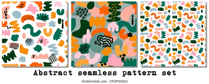 Set of 3 abstract seamless patterns with different hand drawn shapes