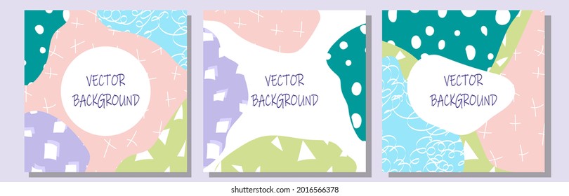 Set of 3 abstract textures decoration vector illustration. Contemporary modern trendy decorative design collection with hand drawn elements, minimalist patterns for social media story, invitation