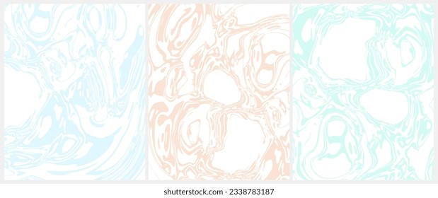 Set of 3 Abstract Vector Backgrounds. Simple Layout with Blue and Beige Irregular Brush Wavy Lines, Swirls and Ripples on a White. Creative  Abstract Marble Print. Pastel RGB Colors Design.