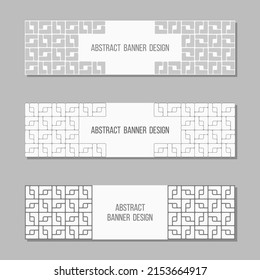 Set of 3 abstract vector banner templates. Banners with geometric elements, shapes, square blocks. Place for text. White and gray colors. Vector illustration.
