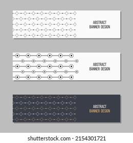 Set of 3 abstract vector banner templates. Banners with geometric elements, simple shapes, lines with circles and rhombuses. Place for text. Vector illustration.