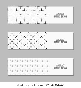 Set of 3 abstract vector banner templates. Banners with geometric elements, simple shapes, dotted shapes ornaments. Place for text. Vector black and white backgrounds.