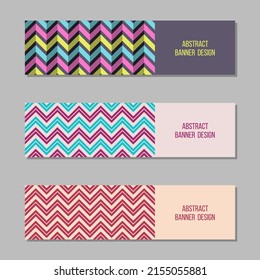 Set of 3 abstract vector banner templates. Banners with zigzag color lines, geometric herringbone pattern. Place for text. Vector color illustration.